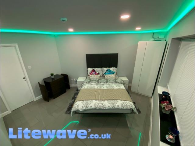 Wall Uplighting Kit in Bedroom - displaying Turquoise